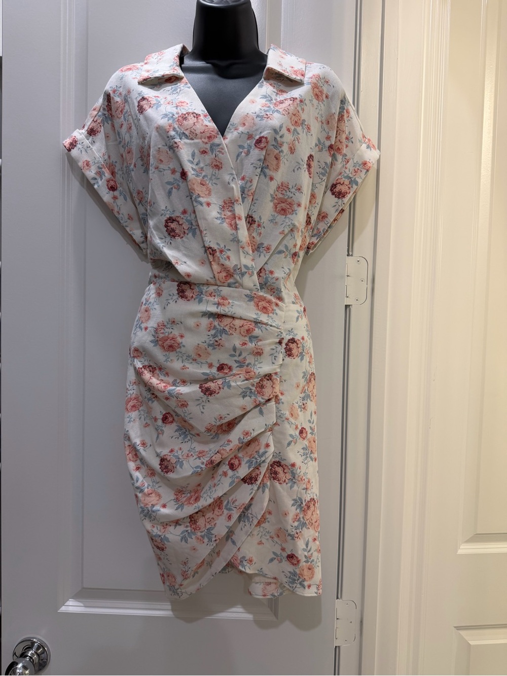 VICI Floral Ruched Midi Dress Size XL Linen Blend Pink Ivory